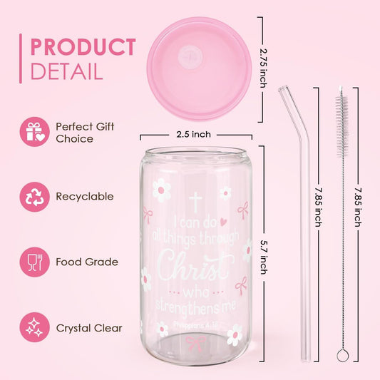 SANDJEST Christian Glass Can Tumbler 16oz, Inspirational Glass Cup with Lid & Straw, Iced Coffee Aesthetic Cups for Women Girls, Gifts Idea for Christmas Birthday