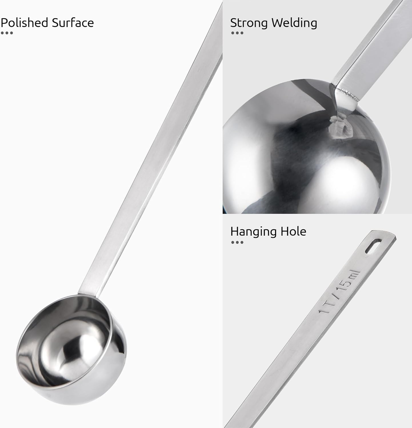 U-Taste Coffee Scoop 1&2 Tablespoon: 18/8 Stainless Steel Measuring Scooper for Ground Coffee, Bean, Powder, Espresso, 8.5in Long Handle Metal Meaure Spoon for Canister, Jar (1&2Tbsp/15&30ml, Silver)