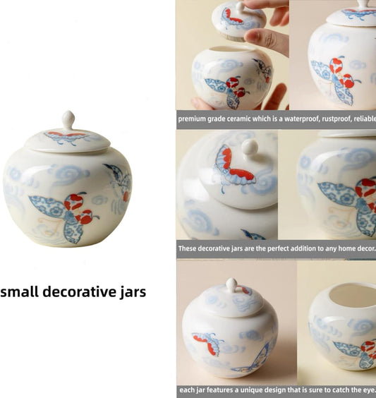 Butterflies Small Ginger Jar - 3.5 inches white decorative Ceramic Ginger jars with Lid, chinoiserie gift small jars for Home decor/jewelry/Tea/coffee beans/Storage