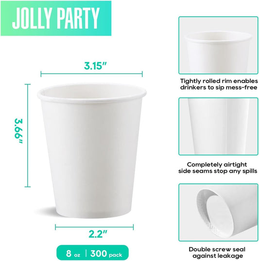 JOLLY PARTY 300 Pack 8 oz Disposable Paper Coffee Cup, Hot/Cold Beverage Drinking Cups for Water, Paper Coffee Cups, White Paper Hot Coffee Cups