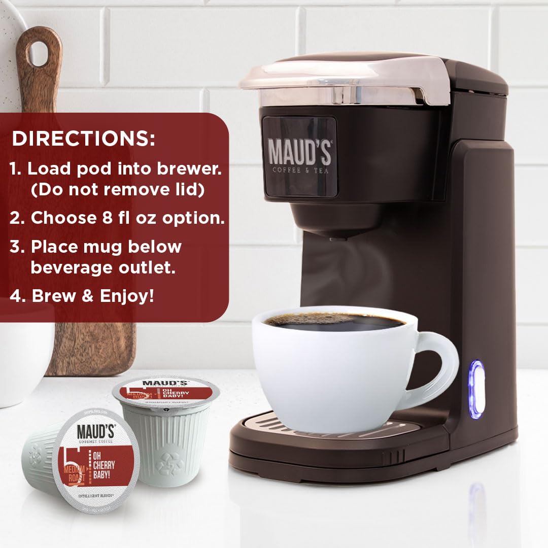 Maud's Cherry Flavored Coffee Pods, 36 ct, Medium Roast Flavored Coffee in Recyclable Single Serve Pods – 100% Arabica Beans, Compatible with Keurig K Cups Maker