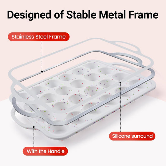 CAKETIME Mini Muffin Pan,Metal Reinforced Frame Silicone Cupcake Pan,Easy To Handle Nonstick 24 Cups Small Muffin Pan, White