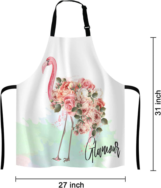 Pink Flamingo and Roses Bib Apron with Adjustable Neck for Men Women,Suitable for Home Kitchen Cooking Waitress Chef Grill Bistro Baking Apron