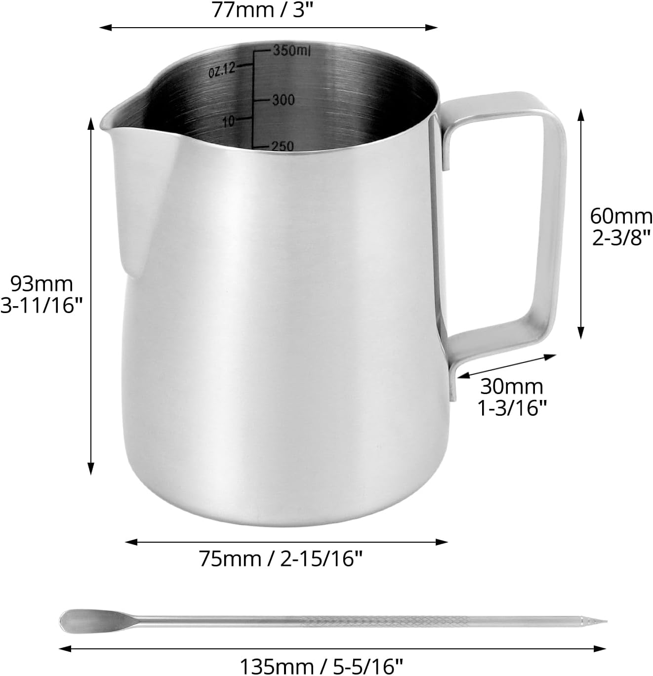 QWORK 2 Pack Milk Frothing Pitcher with Latte Art Pen - 304 Stainless Steel, 12oz/350ML Milk Frother Cup, Milk Steaming Pitcher for Milk/Coffee/Cappuccino/Latte Art Barista