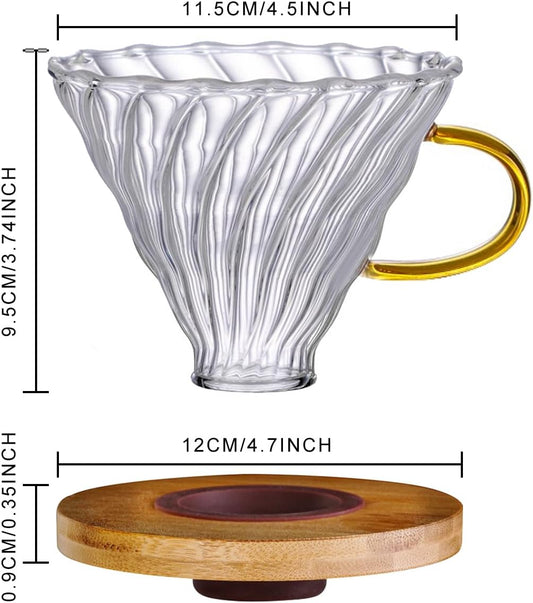 Gute Glass Coffee Dripper/Filter - Cone Glass Pour Over Coffee Dripper with Bamboo Stand & Handle, 1-4 Cups Drip Coffee Maker Funnel Accessories for Home, Office