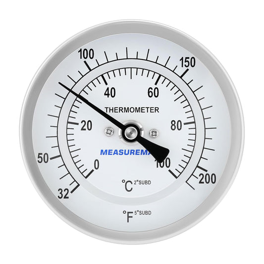 MEASUREMAN Hot Water Thermometer, 3" Dial, 2" Lead-Free Brass Stem, 32-212F/0-100C Range, 2% Accuracy, Adjustable, 1/2" NPT Back Mount