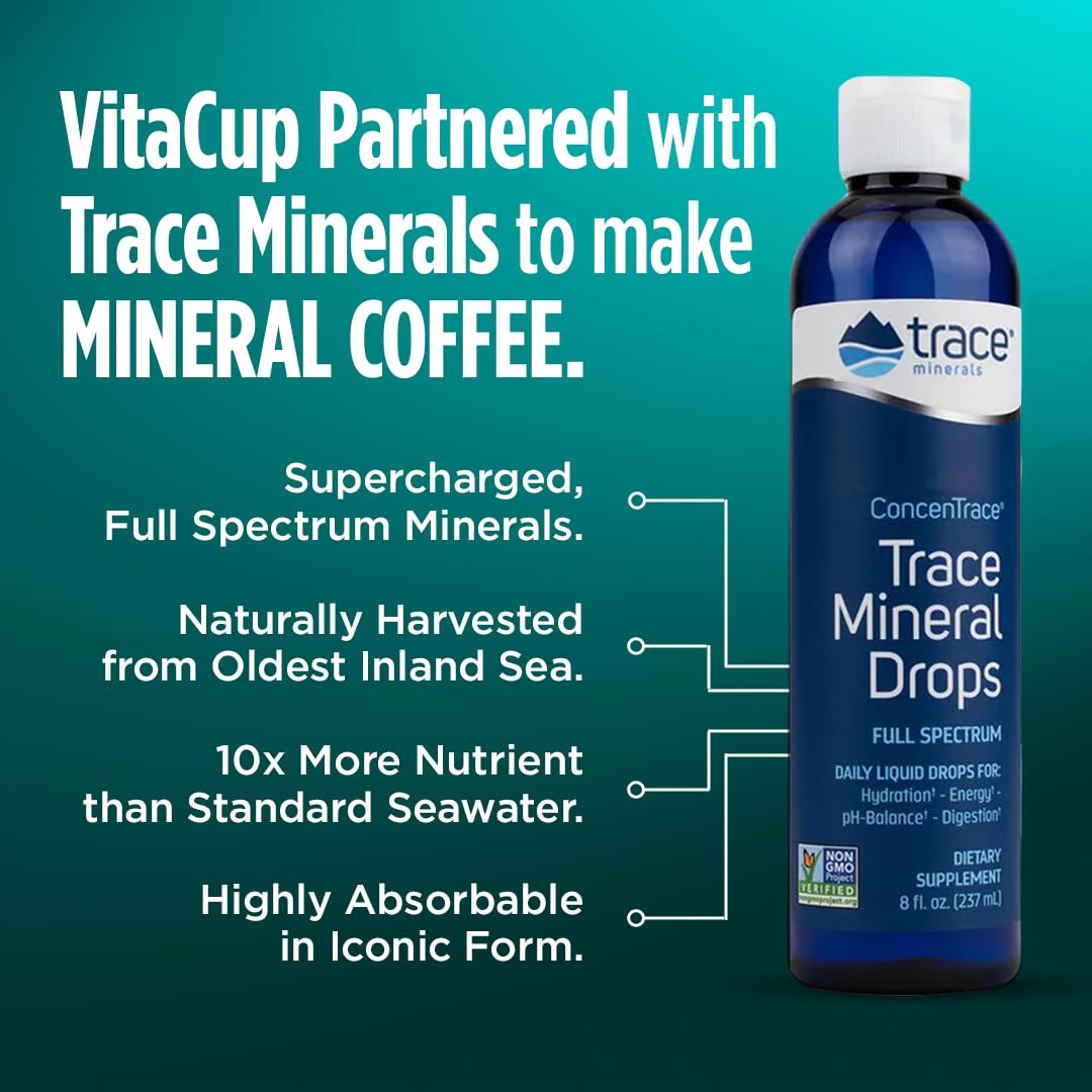 VitaCup Mineral Coffee with Trace Minerals, Hydrate, Replenish & Restore w/All Natural Sea Minerals, Electrolytes, Organic Coffee, Single Origin, Medium Dark Roast, Ground Coffee 10oz
