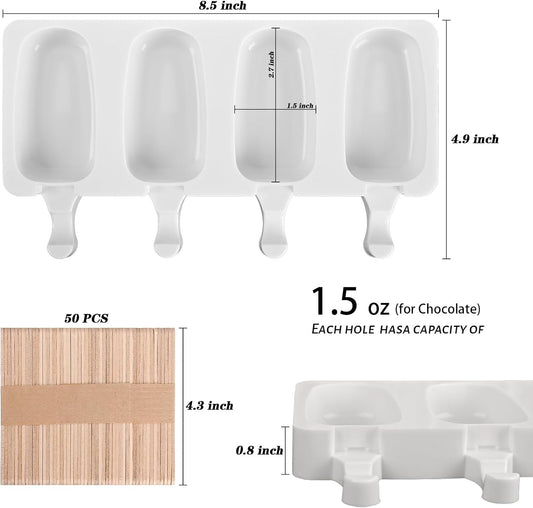 Sakolla 2 Pack Silicone Popsicle Molds, 4 Cavities Oval Mini Ice Pop Molds with 50 Wooden Sticks for Homemade Cake Pop, Cakesicles, Ice Cream (White)