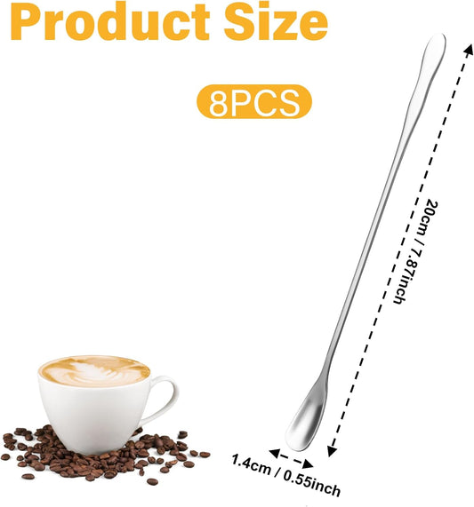 8 PCS Stainless Steel Coffee Stirrers - Long Spoon Reusable Cocktail Stir Sticks - 7.87 Inch Bar Spoon for Stirring Coffee, Cold Drink