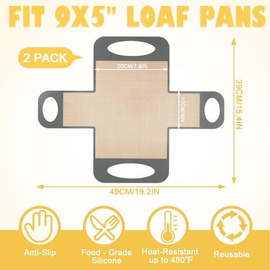 2 Pack Reusable Silicone Bread Loaf Pan Liners, Non-Stick & Easy Clean Baking Mats with 4 Handles for 9x5" Baking Loaf Pans, Baking Accessories for Baking Bread, Cookies