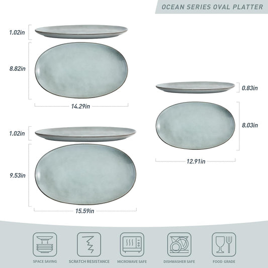 famiware Serving Platter, Oval 15.59/14.3/12.9inch Serving Dishes for Entertaining, Serving Bowls, Reactive Glaze, Stoneware Serving Trays for Party, Food, Turkey, Cheese, Ocean Series, Grey
