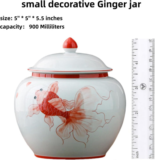 5 inches Ginger jar Lid - red fish decorative Ceramic Ginger jar vase with Lid, chinoiserie gift koi decor small jars for Home decor/jewelry/Tea/coffee beans/Storage