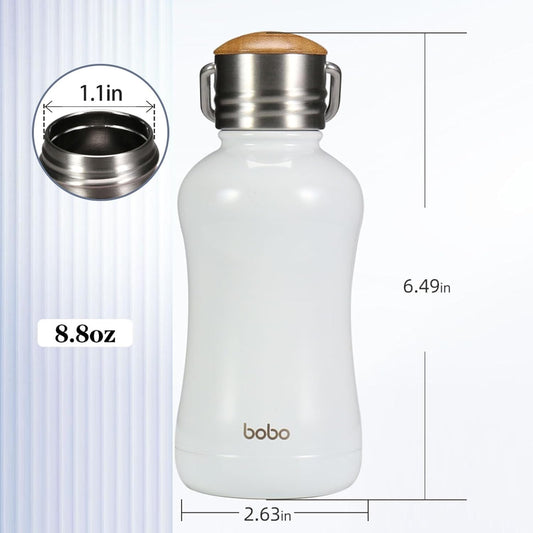 YOHKOH Mini Insulated Water Bottle With Bamboo Lid - 8.8oz Small Vacuum Insulated Water Bottle for Women Kids, 12 Hrs Hot & 24 Hrs Cold Stainless Steel Thermos Leak-Proof BPA-Free (8.8oz,White)