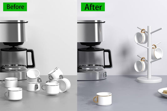 Dorhors Mug Holder Tree,Coffee Cup Holder with 6 Hooks, Wood Mug Rack for Counter,Coffee Bar Accessories and Orgnizer Station,White