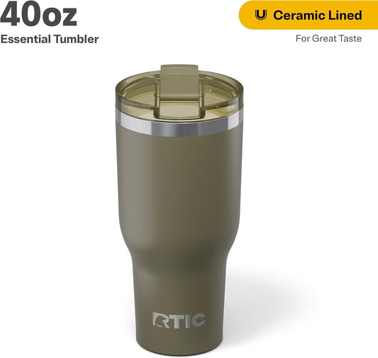 RTIC 40oz Essential Tumbler with Lid, Insulated, Stainless Steel, Metal, Double Wall Vacuum-Insulation, Ceramic Lined, Travel Cup for Iced Coffee, Tea, Hot and Cold Drink, Olive