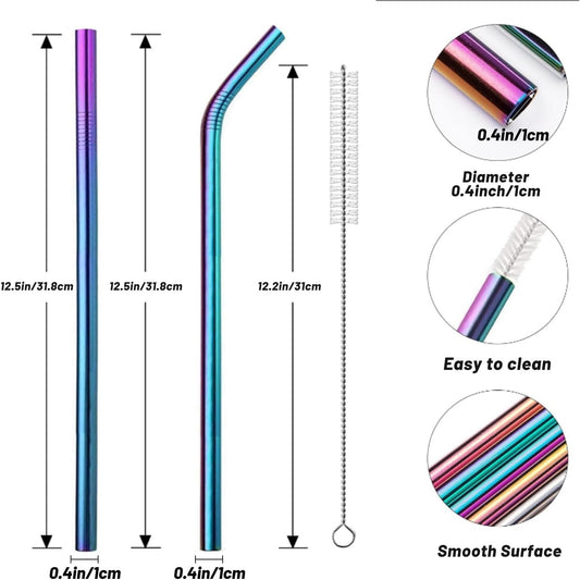 VEHHE Metal Stanley Straw, 12.5-inch Long Stainless Steel Stanley Cup Straw, 4 Pack Reusable Drinking Straws with Cleaning Brush for Stanley Cup Accessories(Rainbow)