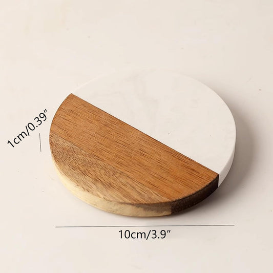 I-LAN Set of 4 Round Natural Wood and Marbel Style Drink Coasters for Coffee Wooden Table, Drink Bar Coaster Set/Tea Table Coasters for Living Room,Beer Cans,Bar Glasses,4 x 4 Inch