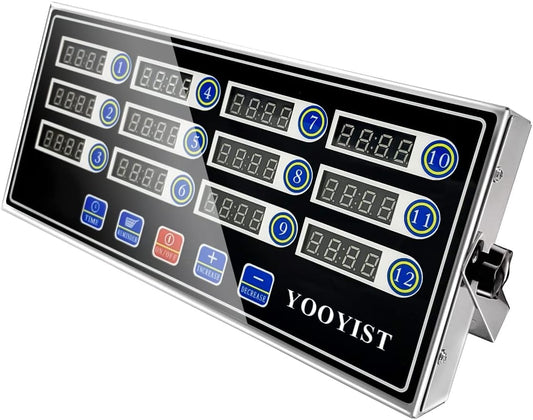 Commercial Kitchen Timers 12 Channel Stainless Steel LED Digital Timer Reminder Function, Loud Alarm, Black