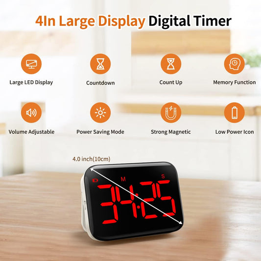 VOCOO Magnetic Kitchen Timer for Cooking with Count Up Countdown, Digital Timer Battery Powered with Large Display, 2 Brightness and Volume Levels for Classroom, Teacher, Kids (Red)
