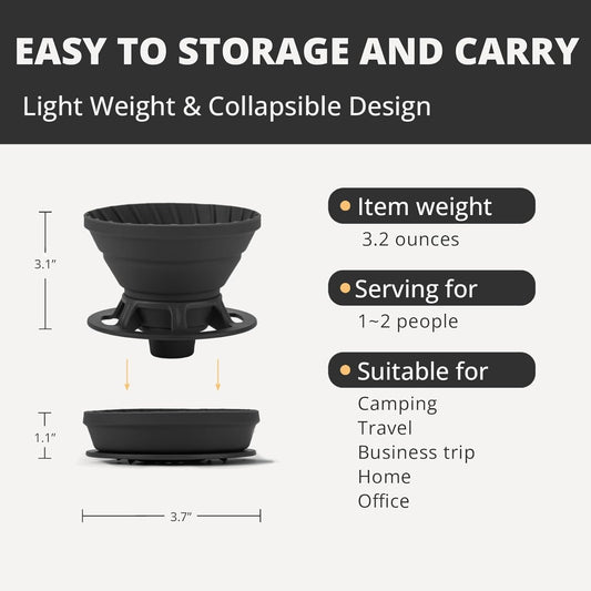 Collapsible Coffee Dripper, Silicone Reusable Coffee Filter Holder, Pour Over Coffee Dripper for Camping, Business Trip, Single Pour Over Coffee Maker (Black)