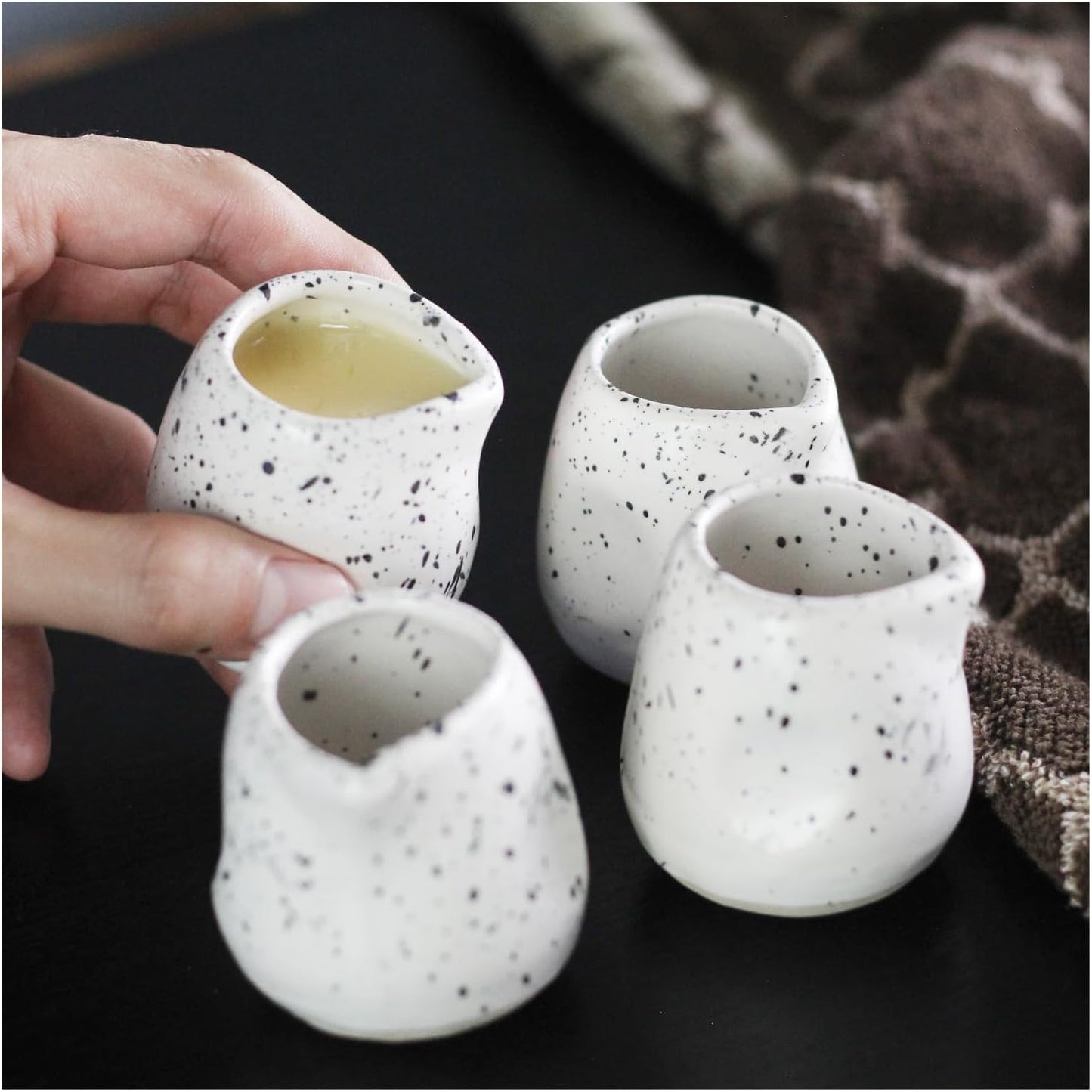 roro Handmade Ceramic Mini Creamer Cups โ Set of 4, Dimpled White Matte Speckled Stoneware, 3-Inch Small Pitchers for Coffee, Espresso, Milk, or Sauce