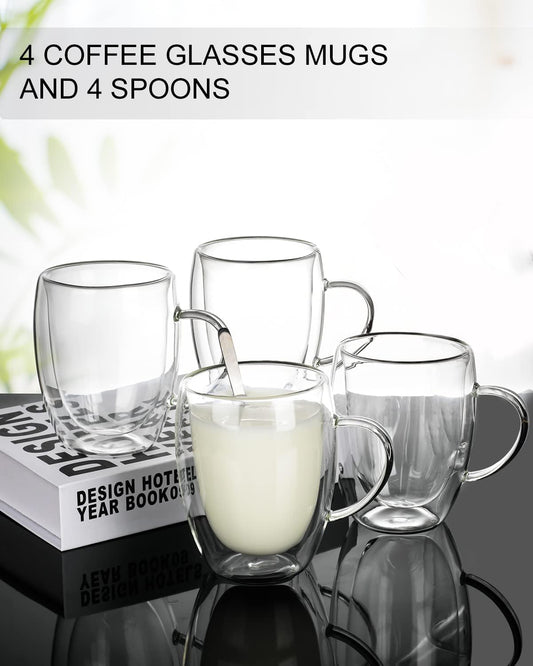 LIBWYS 4 Pack Double Walled Coffee Cups Glasses Mugs 12oz, Espresso Cappuccino Latte Tea Cups with Handle, Heat Resistant Borosilicate Clear Glasses 350ml