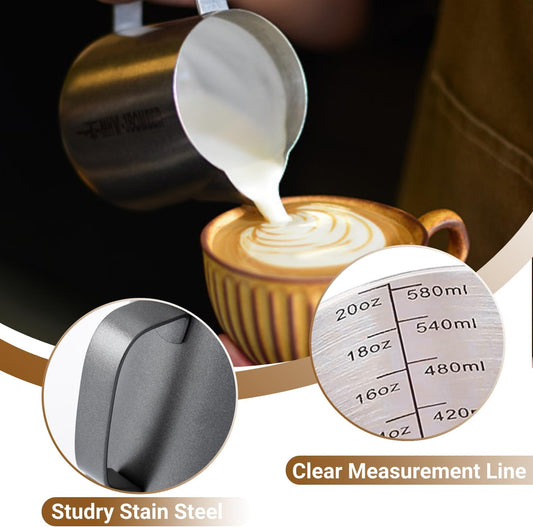 Milk Frothing Pitcher, 350ml/600ml (12oz/20oz) Milk Frother Cup Stainless Steel Jug Steaming Pitcher, Milk Coffee Cappuccino Latte Art Barista Steam Pitchers Milk Jug Cup with Decorating Pen
