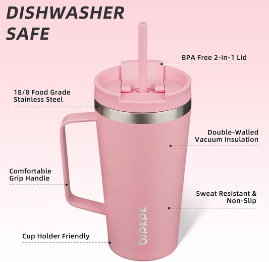 BJPKPK Insulated Tumbler with Handle, 18oz Insulated Tumblers with Lid and Straw, Stainless Steel Metal Water Bottles, Coffee Travel Mugs, Cups, Light Pink