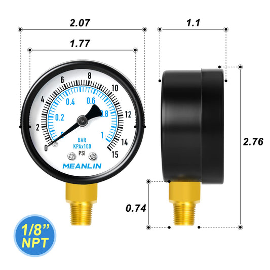MEANLIN MEASURE 0-15Psi 2" DIAL FACE 1/8" NPT Well Pump Pressure Gauge, with 1/4" NPT and 3/8" NPT Hex Bushing, 3-2-3% Accuracy, Lower Mount