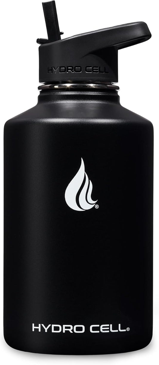 HYDRO CELL Stainless Steel Insulated Water Bottle with Straw - For Cold & Hot Drinks - Metal Vacuum Flask with Screw Cap and Modern Leakproof Sport Thermos for Adults (Black 64oz)