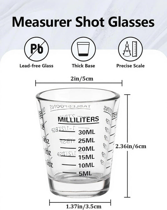 2-Pack Shot Glass Measuring Cups Set | Non-Fading 4-Measurement Espresso Jigger (OZ/ML/TSP/TBSP) | Thick Base Heavy Glass Measuring Cup for Coffee & Kitchenļ¼Dishwasher Safe, Incremental Scale (Black)