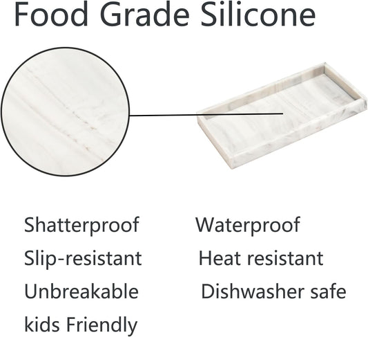 DNC Silicone Bathroom Vanity Tray for Counter, 11.8" Kitchen Sink Soap Tray for Dish Holder Dispenser Countertop Toilet Tank Decor Organizer Marble White
