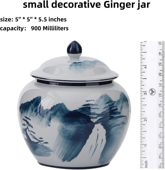 5 inches Ginger jar Lid- blue mountain decorative Ceramic Ginger jar vase with Lid, chinoiserie gift small jars for Home decor/jewelry/Tea/coffee beans/Storage
