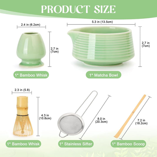 Matcha Whisk Set, Matcha Bowl with Spout, Matcha Whisk and Holder, Bamboo Scoop and Stainless Sifter - 5 Pcs Jade Green Matcha Kit for Matcha Lover