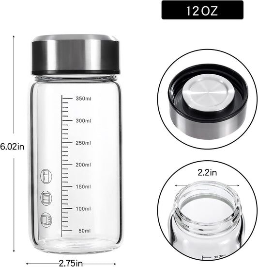 12Oz Glass Water Bottle with Lid and Sleeve,0.15in/3.8mm Thick Glass Shaker Bottles for Protein Mixes,Juicing,Smoothies, Infused Water,Beverage,Wide Mouth Small Reusable Coffee Bottle