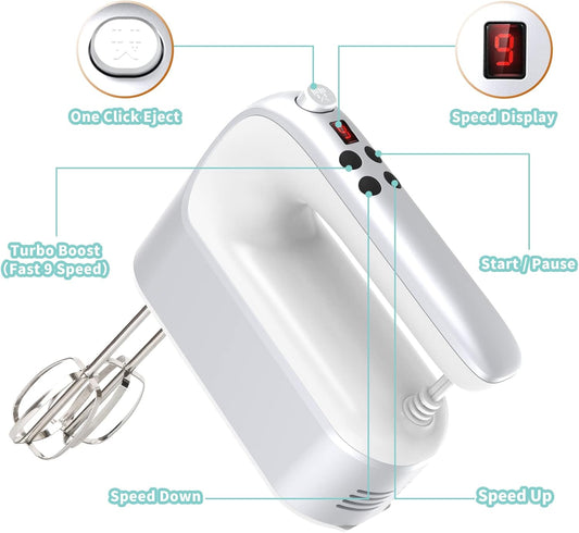 9-Speed Digital Hand Mixer Electric, 400W Powerful DC Motor, Baking Mixer Handheld with Snap-On Storage Case, 5 Stainless Steel Accessories, Flat Beaters, Dough Hooks, Whisk (Silvery & White)