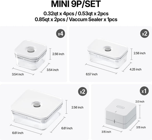 VAKUEN Premium Airtight Food Storage Containers, Mini 9P/SET include Vacuum Sealer, Smart One-Click Seal Lid, No Hinges, 100% Leak Proof, BPA-FREE, Dishwasher, Freezer & Microwave Safe