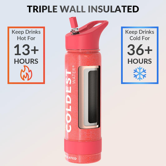 Coldest Insulated Water Bottle with Straw Lid - Stainless Steel Metal Insulated Bottle for Men & Women (Mars Red Glitter, 24 oz)