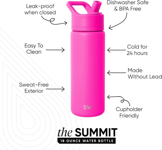 Simple Modern Kids Water Bottle with Straw Lid Vacuum Insulated Stainless Steel Metal Thermos Bottles | Reusable Leak Proof BPA-Free Flask for School | Summit Collection | 18oz, Raspberry Vibes