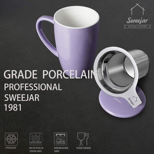 Sweejar Porcelain Tea Infuser Cup with Lid, 16 oz Tea Cup with Strainers for Loose Leaf Tea, Microwave and Dishwasher Safe Coffee Mug, Tea Steeping Mug for Tea Drinkers,Christmas Gift (Purple)