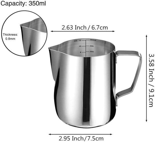 SIKEMAY Milk Frothing Pitcher Cup, 12oz/350ML Milk Frother Cup Stainless Steel Steaming Pitcher Milk Jug Coffee Latte Art Cappuccino Espresso Machine Accessories for Barista Steam Pitchers Tools