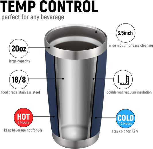 COMOOO 20oz/8Pack Double Wall Vacuum Insulated Coffee Travel Mug Stainless Steel Tumbler Bulk with Lid and Straw Durable Powder Coated Insulated Coffee Cup for Cold & Hot Drinks, Navy, 8 Pack