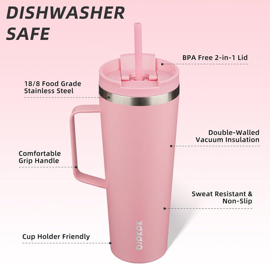 BJPKPK Insulated Tumbler with Handle, 26oz Insulated Tumblers with Lid and Straw, Stainless Steel Metal Water Bottles, Coffee Travel Mugs, Cups, Light Pink