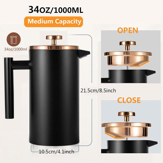 Black French Press Stainless Steel 34oz, Double Wall Insulated Coffee Press 1L for travel camping with 2 Extra Filter Screens and 1 Coffee Spoon(8cup 1000ml)