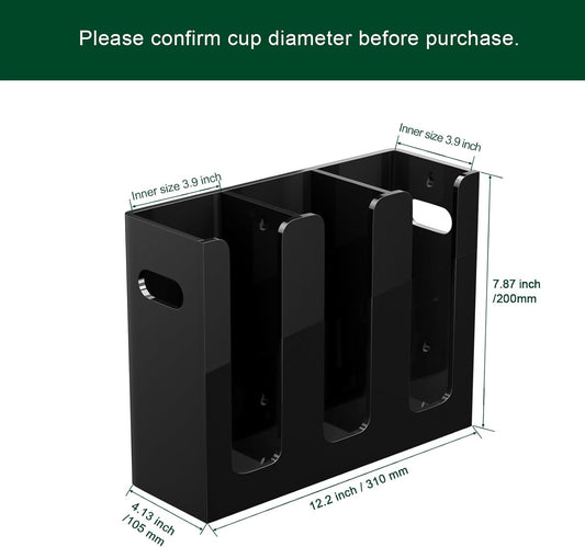 Disposable Coffee Cup Dispenser with Handles, Countertop or Wall Mount Hot/Cold Drink Cup and Lid Holder - Bathroom/Kitchen/Office Acrylic Cup Lid Storage Organizer (3 Compartments, Black)