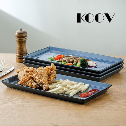 KOOV Ceramic Serving Tray, 14 Inches Large Serving Platter, Rectangular Serving Tray, Porcelain Serving Plates, Ceramic Serving Dishes for Dinner, Party, Sushi, Dessert, Food, Set of 4 (Stone Blue)