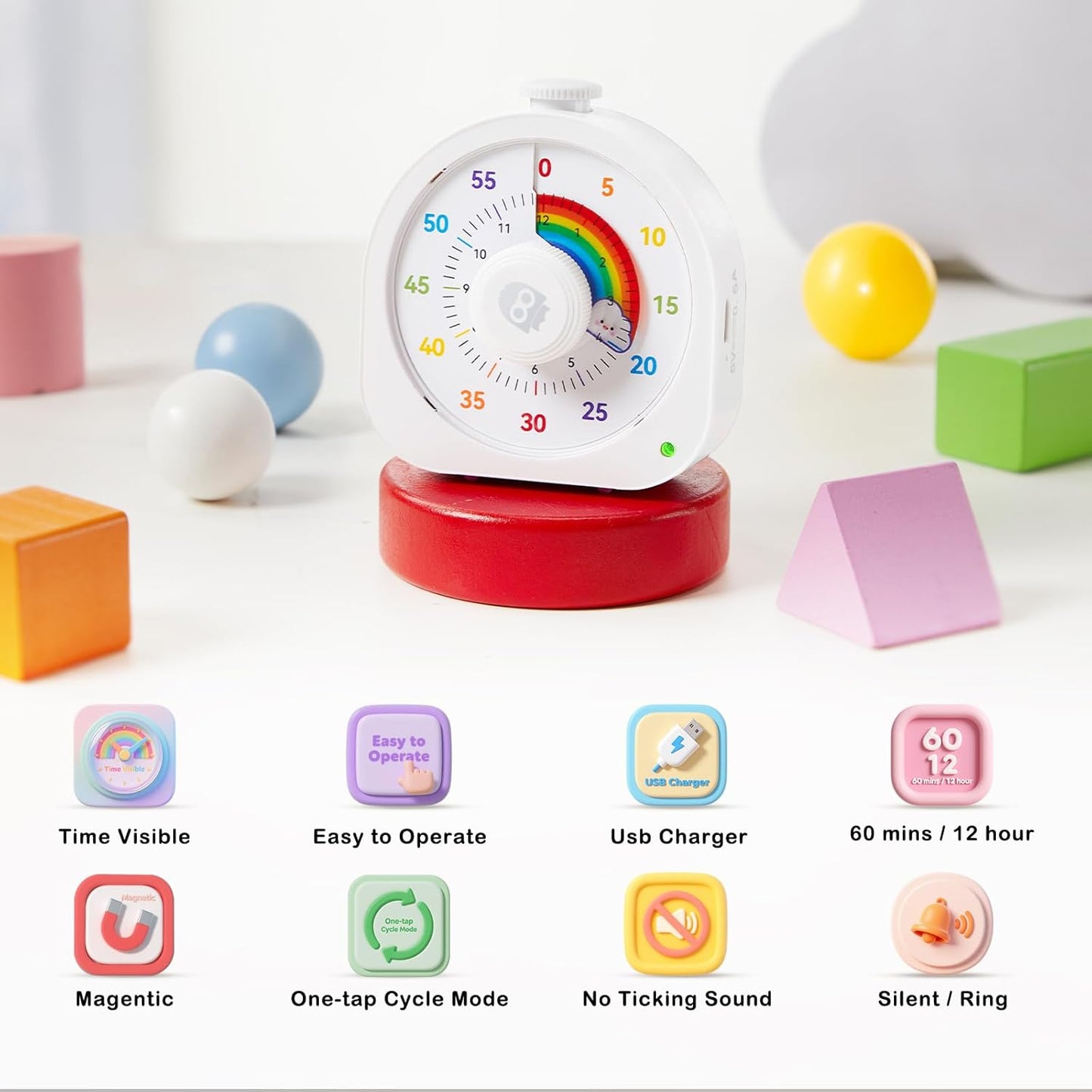 Visual Timer for Kids โ 60min/12h Rainbow Magnetic Timer for Classroom, Rechargeable Silent Countdown Timer with Pomodoro Mode, ADHD Time Management Tool