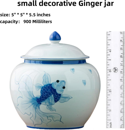 5 inches Ginger jar Lid - blue fish decorative Ceramic Ginger jar vase with Lid, chinoiserie gift koi decor small jars for Home decor/jewelry/Tea/coffee beans/Storage