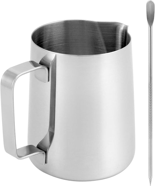 QWORK 2 Pack Milk Frothing Pitcher with Latte Art Pen - 304 Stainless Steel, 12oz/350ML Milk Frother Cup, Milk Steaming Pitcher for Milk/Coffee/Cappuccino/Latte Art Barista