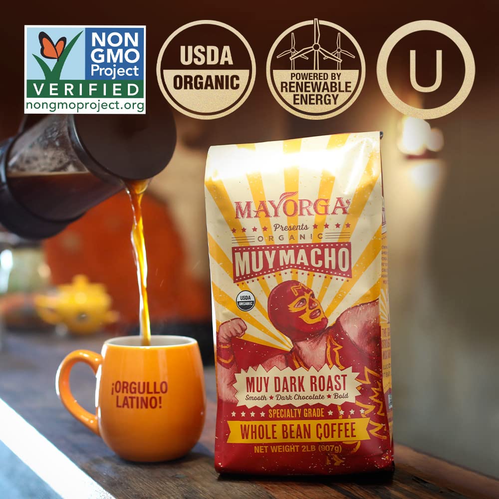 Mayorga Intense Dark Roast Coffee, 5 lb bag - Muy Macho Blend, the World's Strongest Organic Coffee - 100% Arabica Whole Coffee Beans - Bold Flavor - Specialty Grade, Non-GMO, Direct Trade